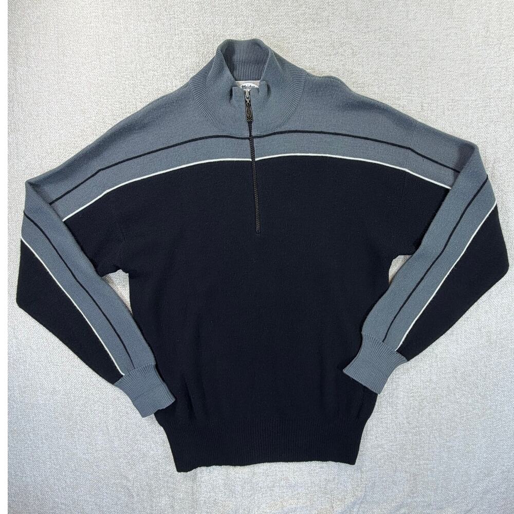 Meister Mens Medium Black Gray Wool Blend Quarter Zip Ski Sweater Winter Outdoor